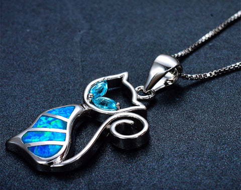 Blue Fire Opal Cat Pendant Necklace