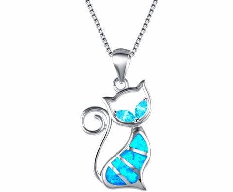 Blue Fire Opal Cat Pendant Necklace