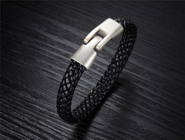Black Genuine Leather Weaved Knitted Wristband