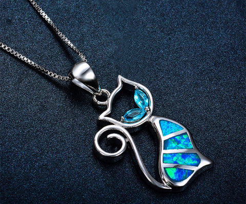 Blue Fire Opal Cat Pendant Necklace